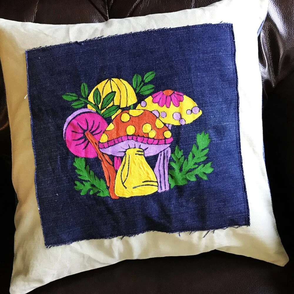 Mushroom Pillow Cover 16 x 16, Hand Painted Envelope Style Cottagecore Sham